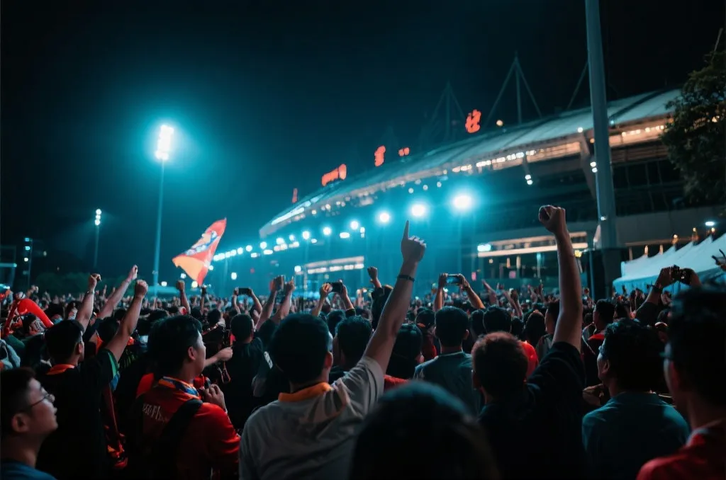 夜晚球场外球迷聚集观赛的热烈氛围